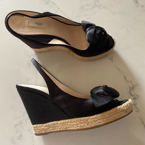 prada satin wedge peep toe espadrilles w/ rosette - Picture 1 of 6
